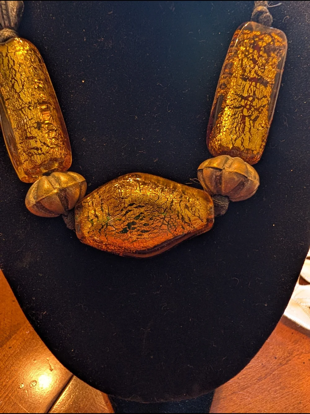 Metallic Amber Gold Glass Artisan Bead Statement Necklace